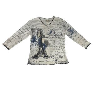 Jess and Jane Top Women's Size Medium Paris Romance White Eiffel Tower Cotton